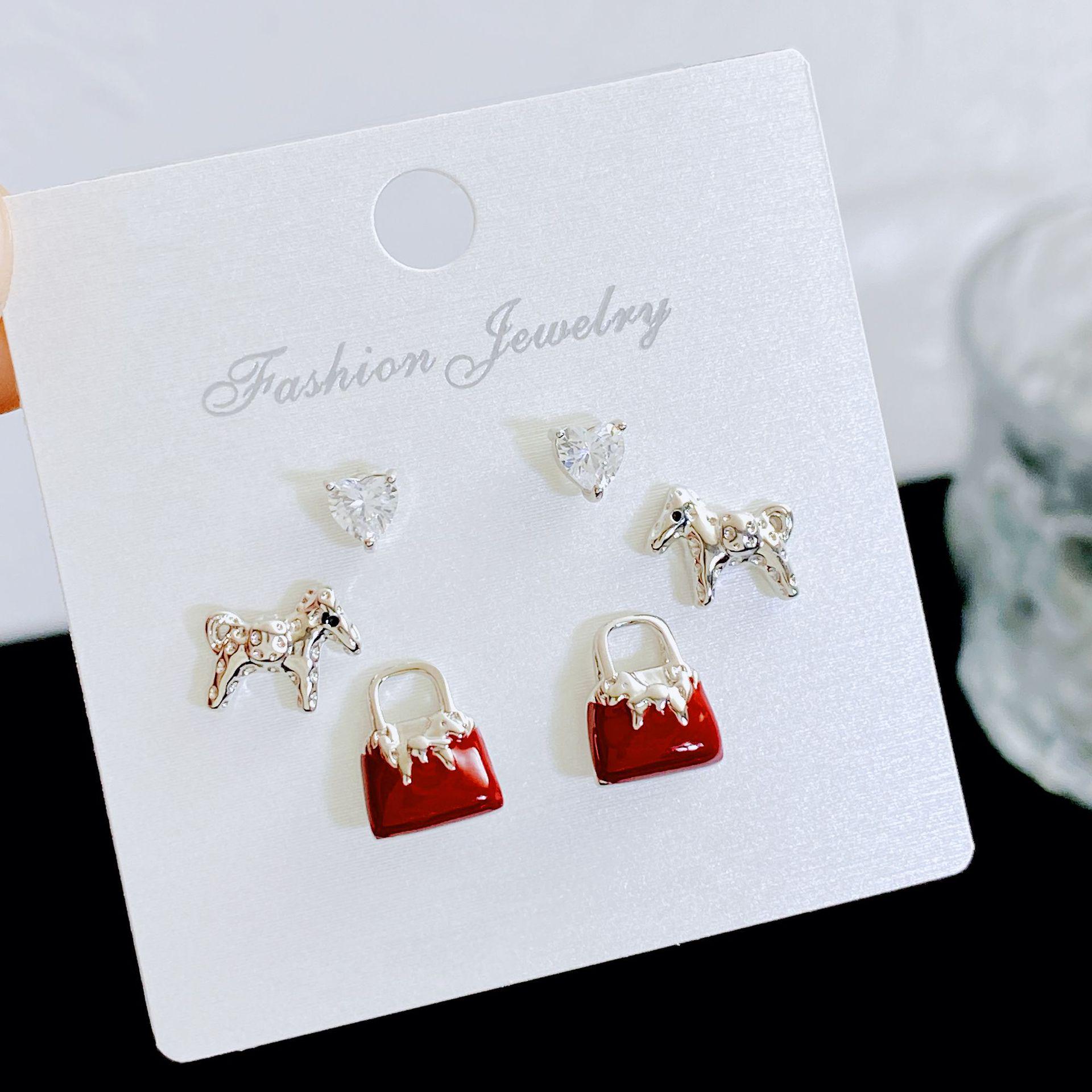 

Kanamiina Retro Wine Red Pony Bag & Three Pairs of Autumn/Winter Earrings with S925 Silver Needle.