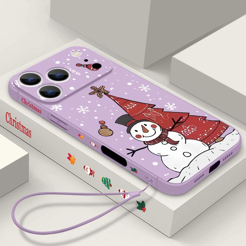 Christmas Snowman Pattern Lanyard Case For iPhone 17 15 16 Pro Max 12 13 14 Pro Max 16e Air 11 Shockproof Soft Strip Phone Cover