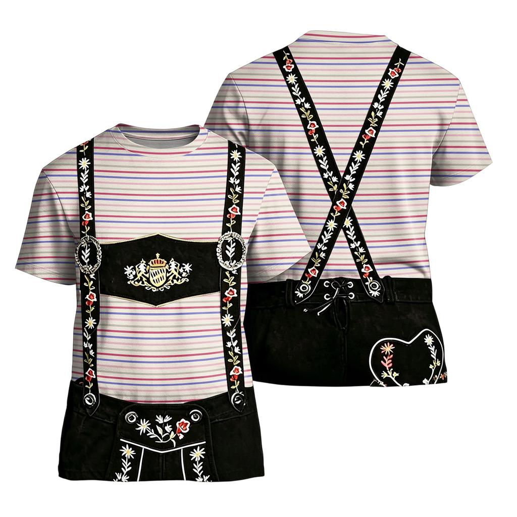 Men's Oktoberfest Vintage Texture Print Short Sleeve T Shirt Loose Fit Casual Summer Daily Wear Top with Suspender Design