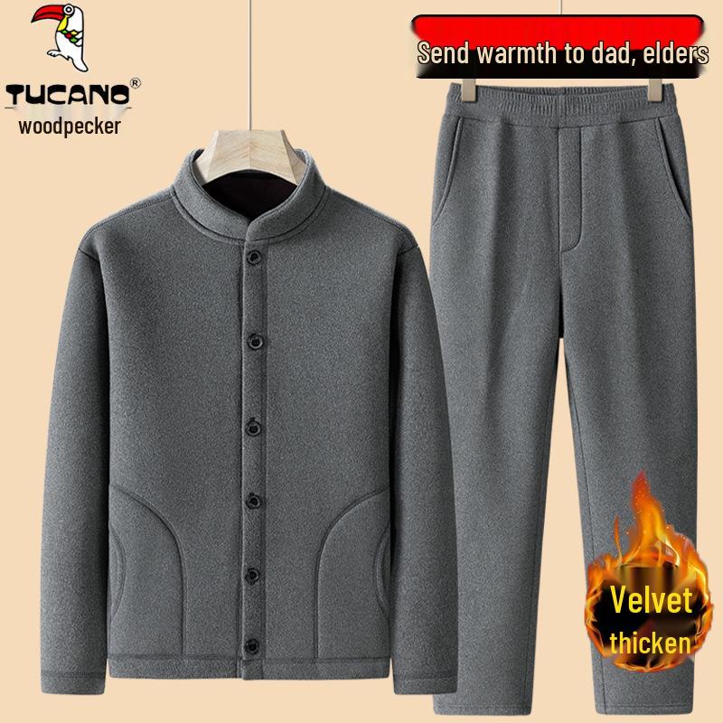Woodpecker Dad Winter Fleece-Lined Men's Three-Piece Set: Thickened Cotton Coat, Vest, and Cardigan Jacket for Middle-Aged and Elderly.
