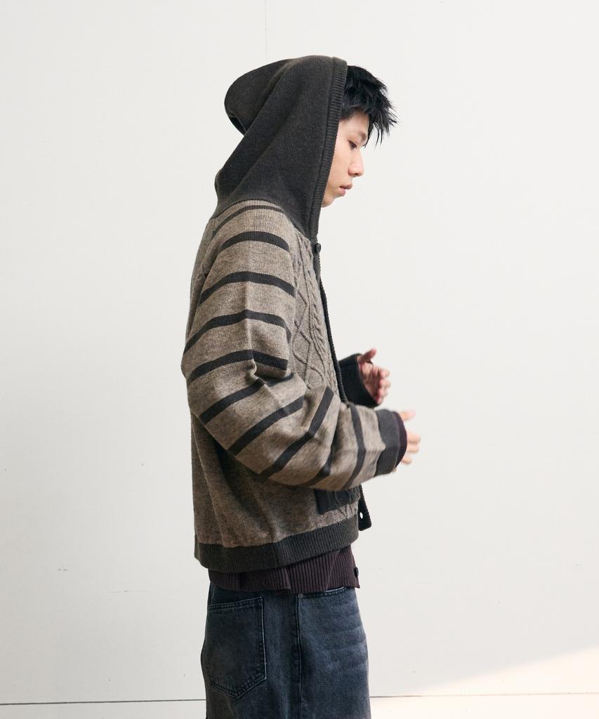 Iseuteuseobiseusyab Striped Cable Knit Hooded Cardigan - Truffle Brown
