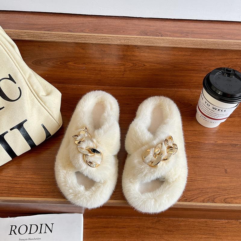 European goods heightened thick-soled fluffy slippers women wear high-end explosion spring and autumn chain Internet celebrity cross plush slippers