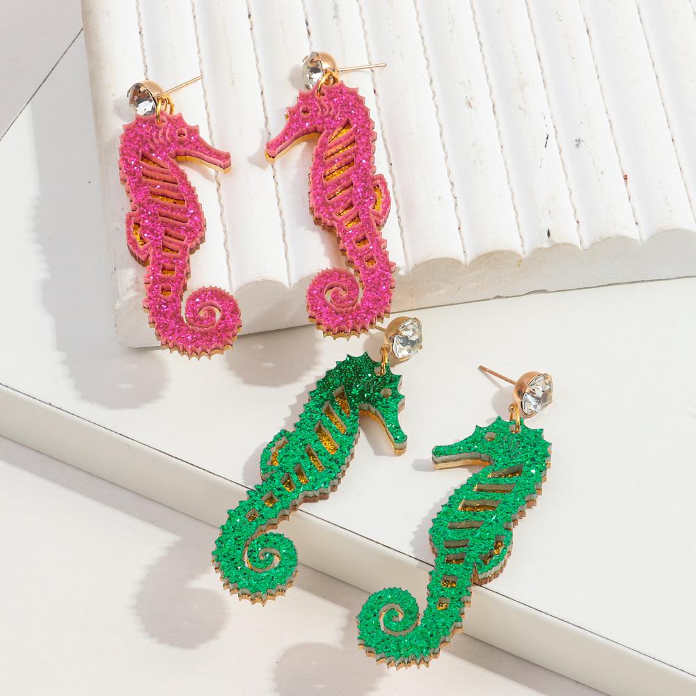 New Glitter Colorful Seahorse Acrylic Earring for Women Creative Funny Animal Long Drop Earrings Fashion Jewelry Gift