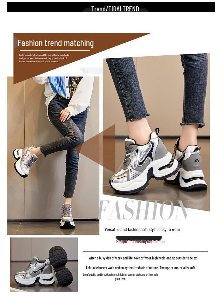 Damen 8cm Höhenvergrößernde Klobige Sneaker, Atmungsaktives Mesh, Dicksohlige Sportliche Freizeitschuhe A8895