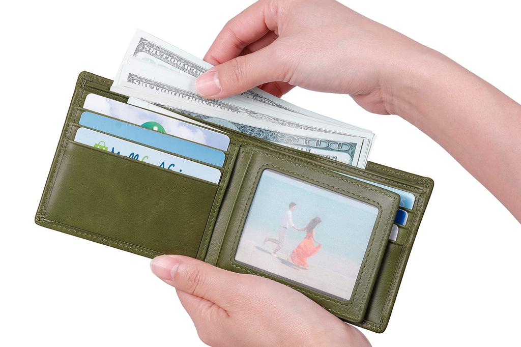 VISOUL Bifold Genuine 10 Card License Large No Coin Popular Italian Made by Top Leather Green Men's Wallet, Leather, Billfold, Slots, Driver's Slot,