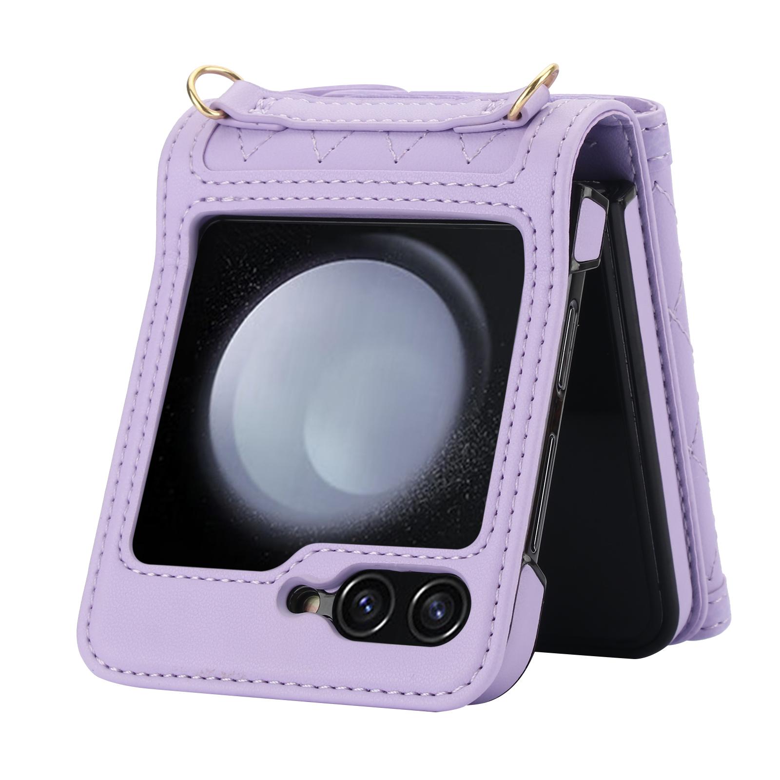 

For Samsung Galaxy Z Flip5 5G Crossbody Case Card Holders PU Leather+PC Phone Cover RFID Blocking Purple