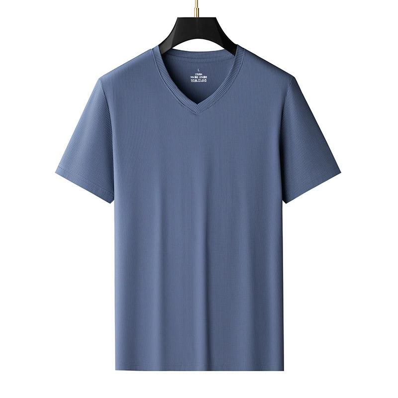 Men's Short Sleeved T-shirt, Summer Ice Silk V-neck Casual Cool T-shirt, Solid Color Top, Thin and Plus Size