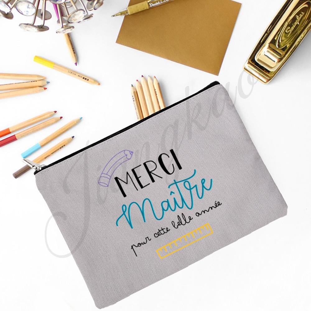 Merci Maitre Print Pencil Bag  Men Travel Toiletry Organizer Bags Makeup Pouch  Teacher's Day Graduation Thanks Gift for Teacher