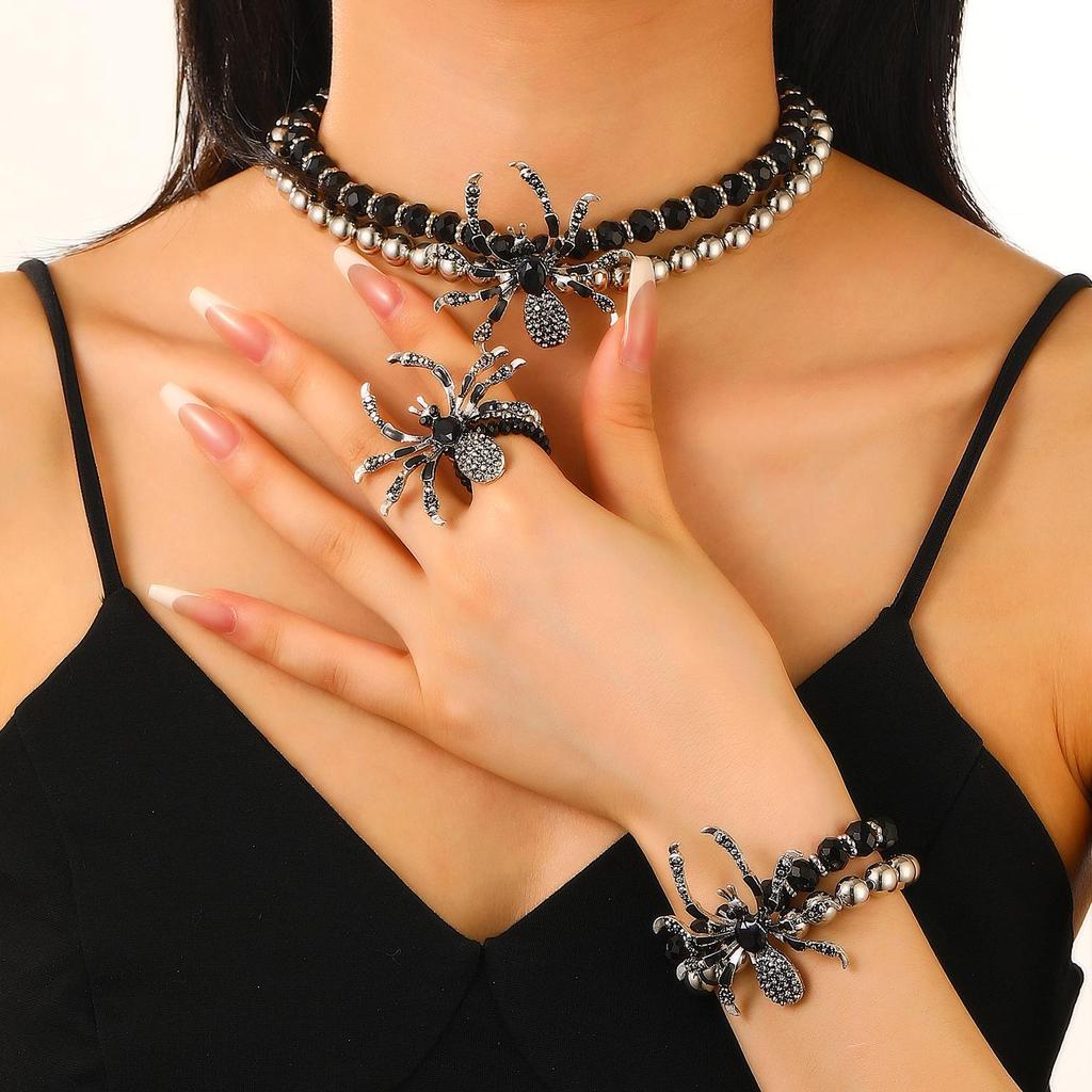 Gothic Punk Rhinestone Spider Jewelry Set for Halloween (Necklace, Bracelet, Ring) Unisex