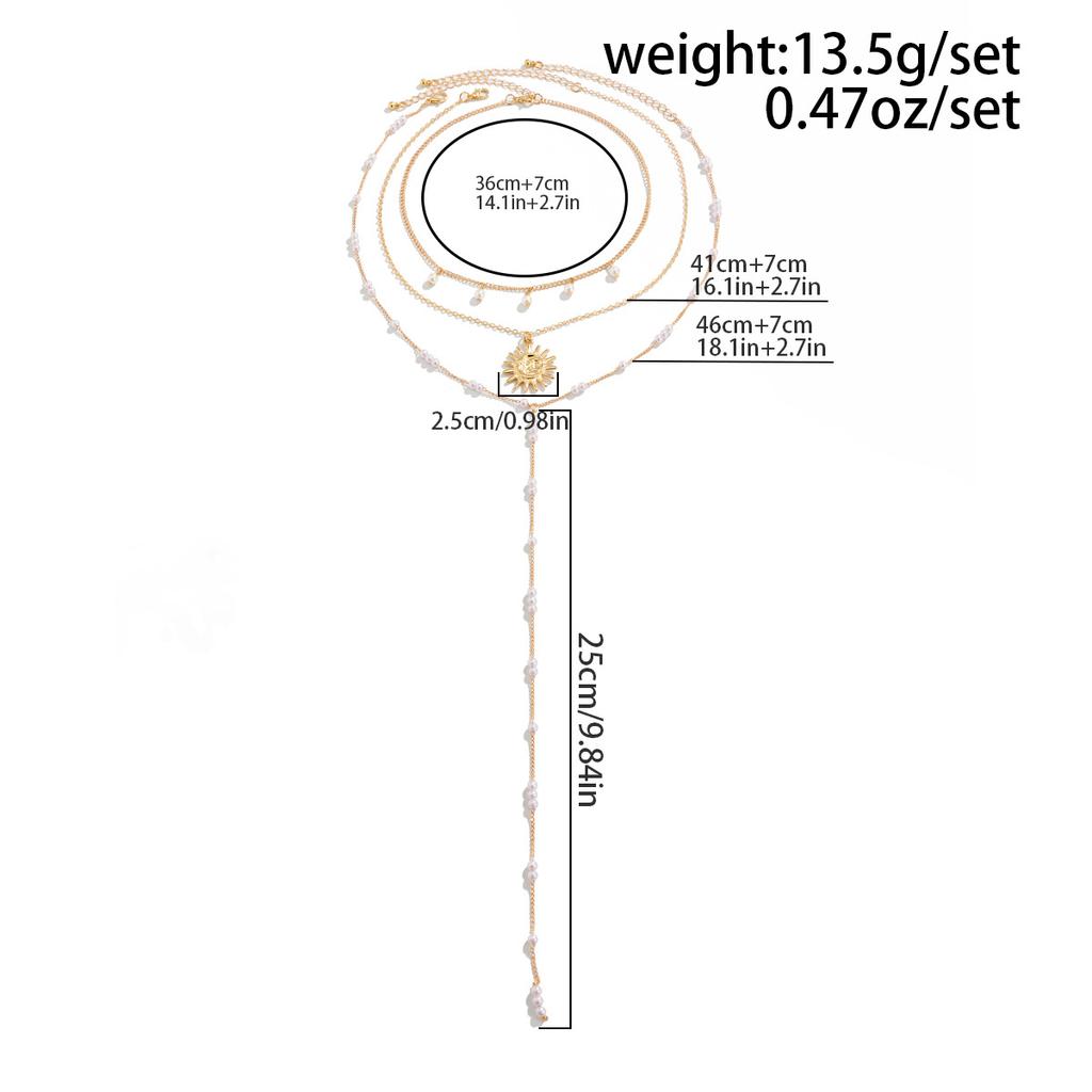 Ins Sun Alloy Pendant Collarbone Chain French Temperament Pearl Beaded Long Necklace Fashionable Commuter Stacking Style Holiday Women's Jewelry