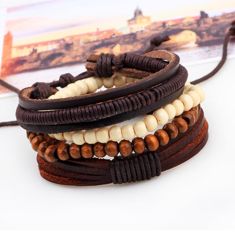 Men's Retro Multi-Strand Cowhide Anchor Bracelet Set with Wood Beads