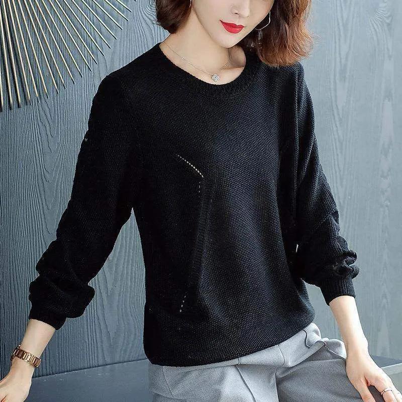 WTEMPO Spring Autumn Winter Solid Color Lace Hollow O-Neck Knitted Pullovers Women's Large Size Casual Versatile Loose Sweaters