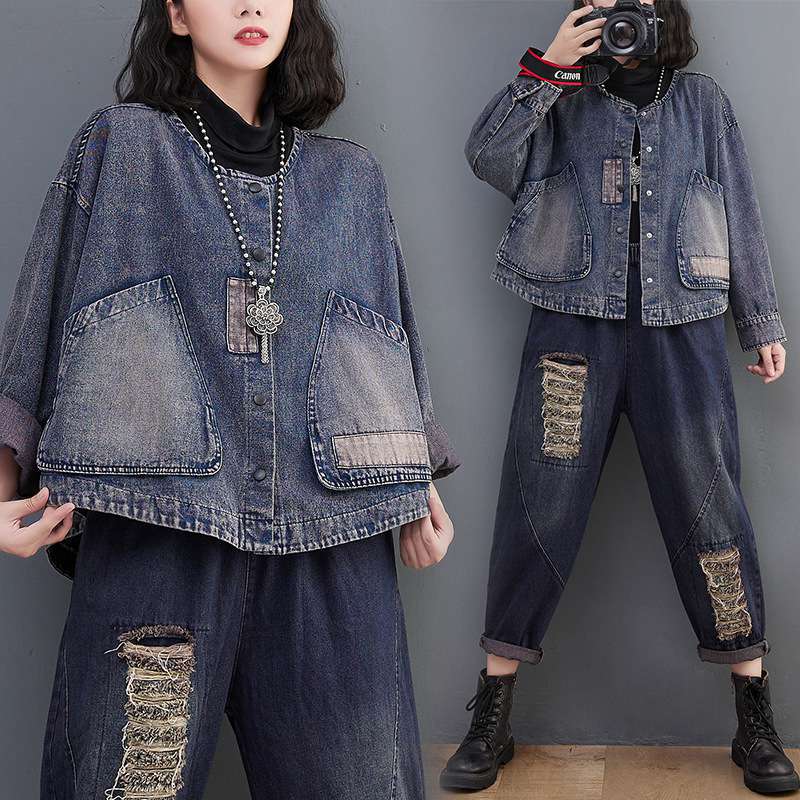 Bunda velké velikosti Kabáty s výstřihem do O Ženy Jednobarevné kabáty Ležérní Podzim Volné Denim Bavlna Knoflíky Oversize Krátká bunda