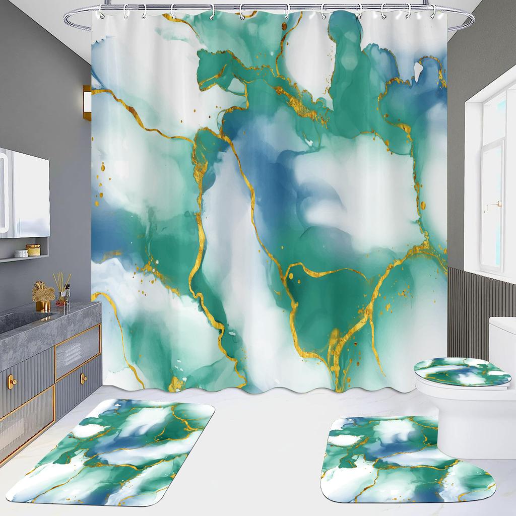 4Pcs Marble Series Shower Curtain Sets for Bathroom Non-Slip Bathroom Rugs Lid Toilet Cover Bath Mat