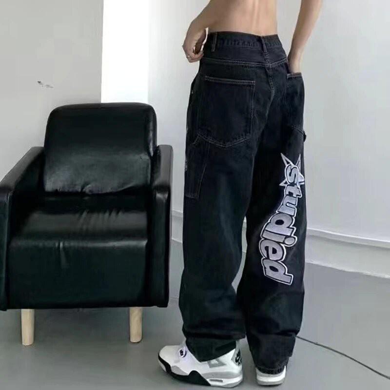 Y2K Hip Hop Wide Leg Jeans Men Women - Loose Fit Black Denim Pants With Cartoon Print Mid-Rise Straight Cut