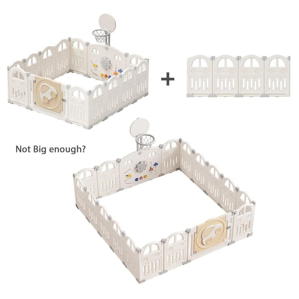 UBRAVOO Foldable Playpen with Mini Basketball Hoop and 50 Colorful Ball Pit, Baby and Toddler Car Playpen, Fun Indoor Activity Center