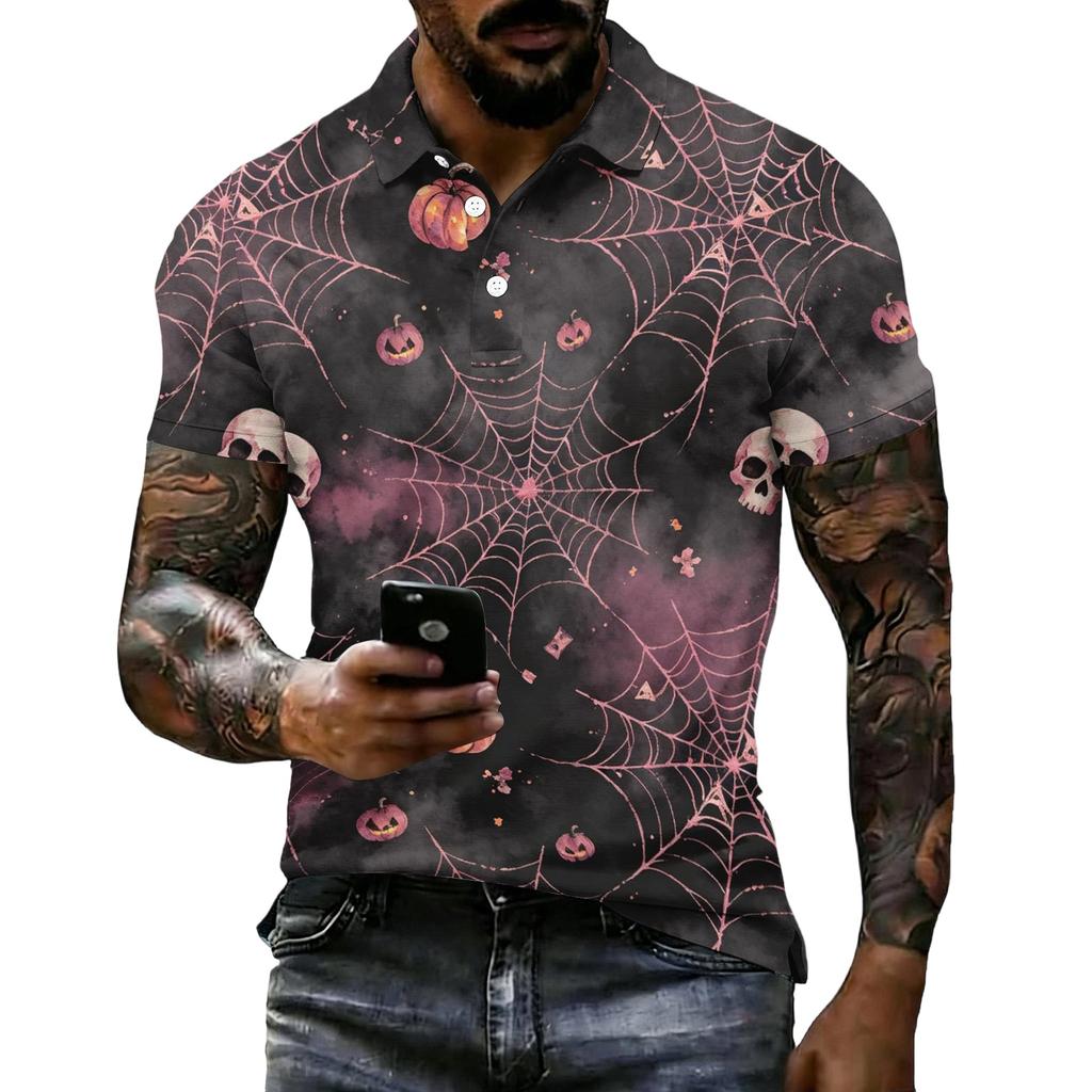Herren Halloween Print Kurzarm Poloshirt Lockerer Schnitt Lässig Sommer Tägliches Tragen Hemdkragen mit Knöpfen