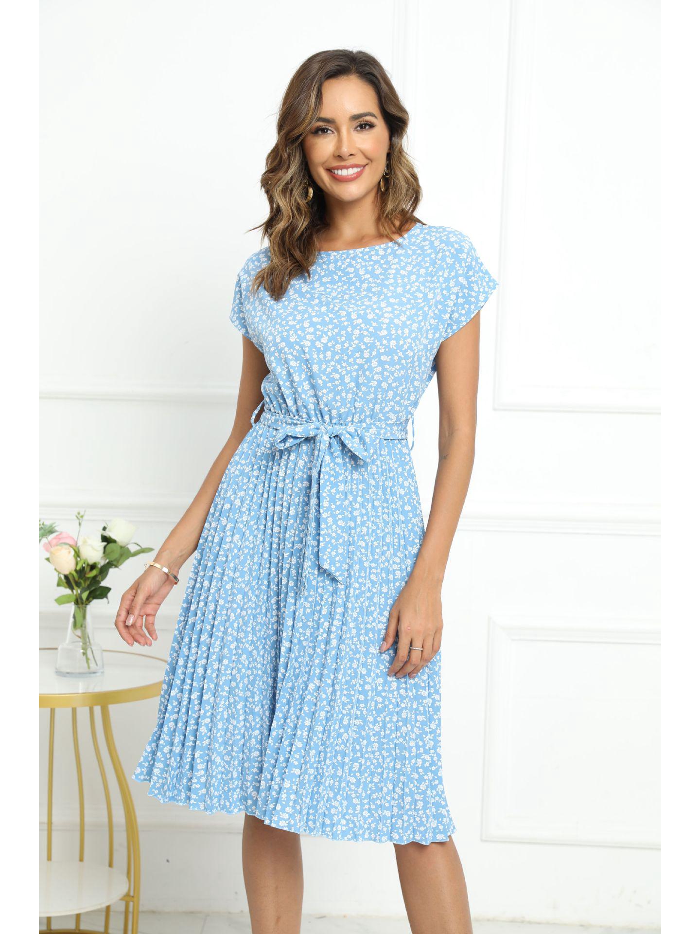 

Весенне-летнее платье с цветочным принтом, плиссировкой и поясом на завязках - женское, с коротким рукавом, 3 цвета XX-Large