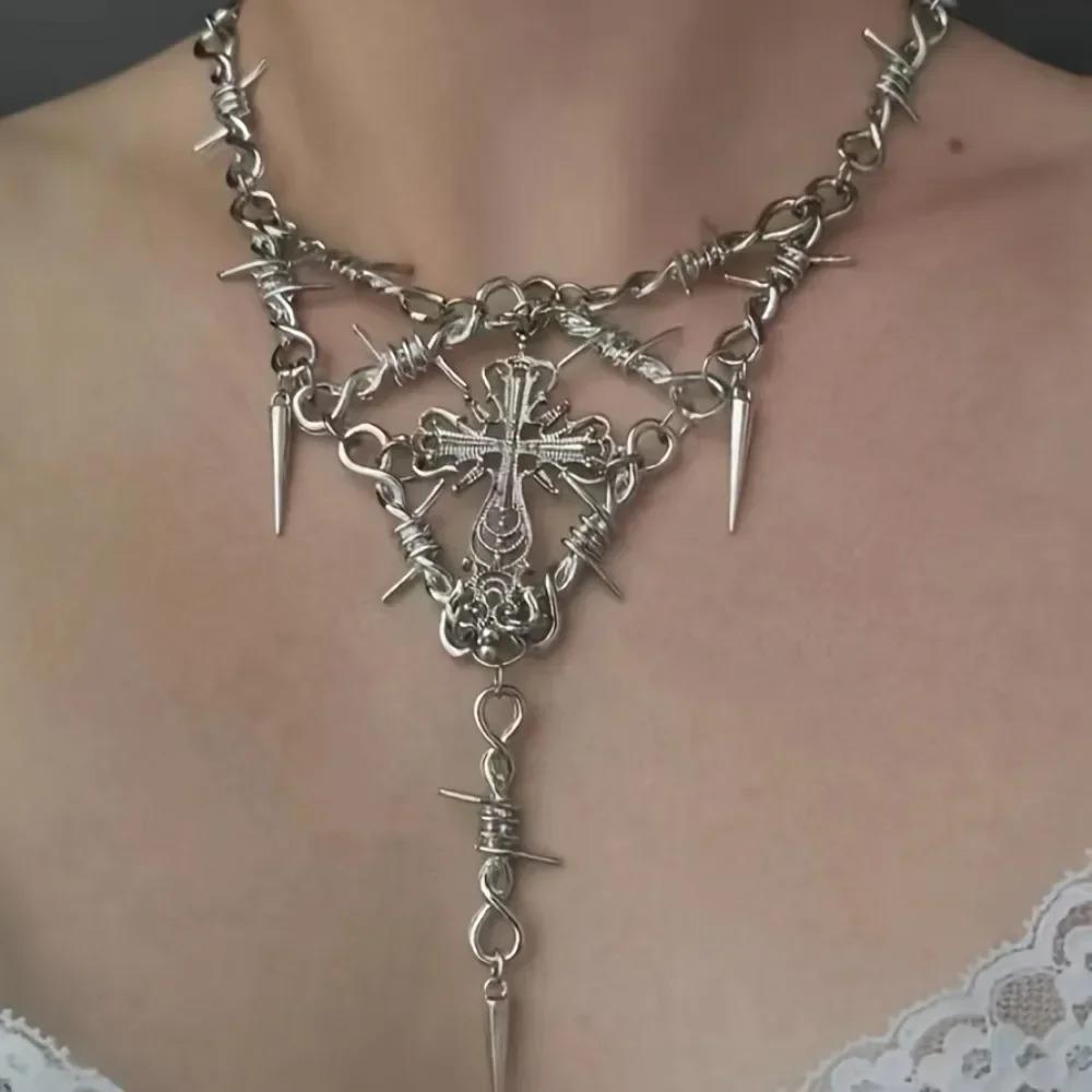 Y2k Gothic Cross Necklace for Women Men Jewelry Cross Pendant Punk Barbed Wire Thorns Metal Necklace Jewelry