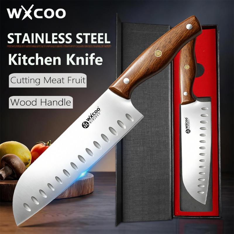 WXCOO Stainless Steel Kitchen Knife Professional Japanese Knife Fruit Peeler Santoku Fish Slicing Knifes Ergonomic Wood Handle