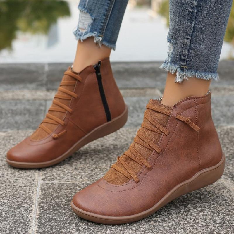 Fashion Women's Flat Single Boots Spring New Round Head Front Lacing Soft Sole Anti-slip Wear-resistant Short Boots