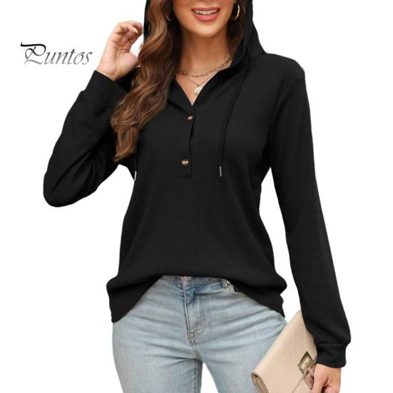 

Осенне-весенняя женская толстовка с капюшоном на шнурке и длинными рукавами, однотонная, мягкая, повседневная, с декором на пуговицах, дышащая вафельная текстура, женский пуловер, топ XL чёрный