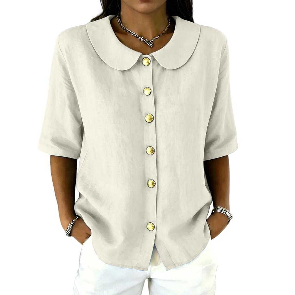 Women Button Front Short Sleeve Shirt Elegant Collar Blouse Casual Loose Fit Summer Top Lightweight Breathable Fabric