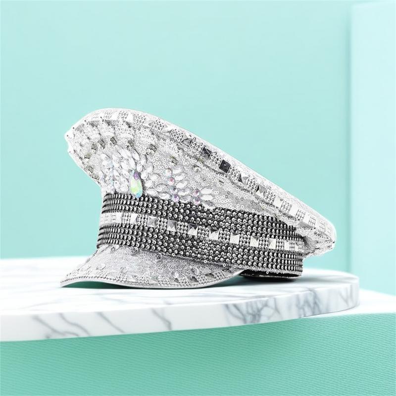 Gold Strass Kapitänsmütze für Hochzeit Mode Hut mit breiter Krempe Karneval Partyhut Damen Braut Fedora Hut Rollenspielhut