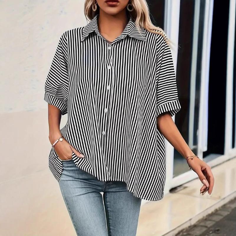Women Fashion Loose Striped Five Quarter Sleeve Commute Casual Button Down Shirt S