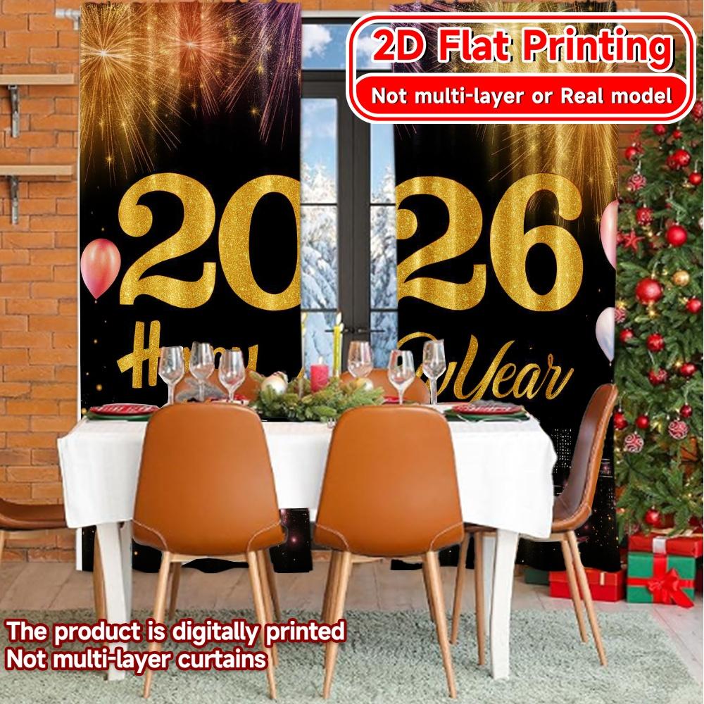 Set Of 2 Flat Printing Newyearcelebration Chic Pattern Curtains Versatile Polyester Fabric Room Decor Suitable Curtain