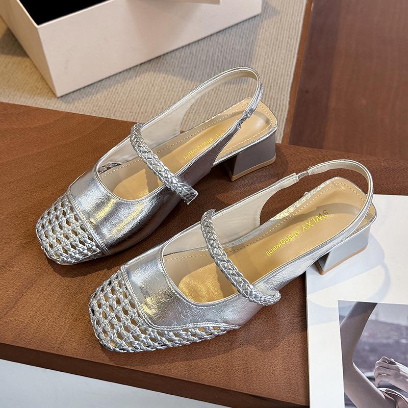 Casual versatile woven hollow fashion spring and summer shallow mouth women's shoes French square head word with summer high heel sandals