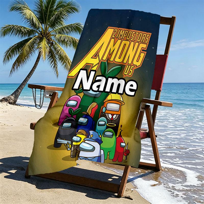 Custom Name Personalized Among Us Print Beach Towel, for Trip Camping Beach Party Home Decor, Birthday Gift for Family & Friends