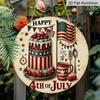 2D Flat, 1pc Round Aluminum Hanging Sign, Happy 4th Of July Patriotic Cake & American Flag Design, Vintage Independence Day Wall Decor, Perfect for