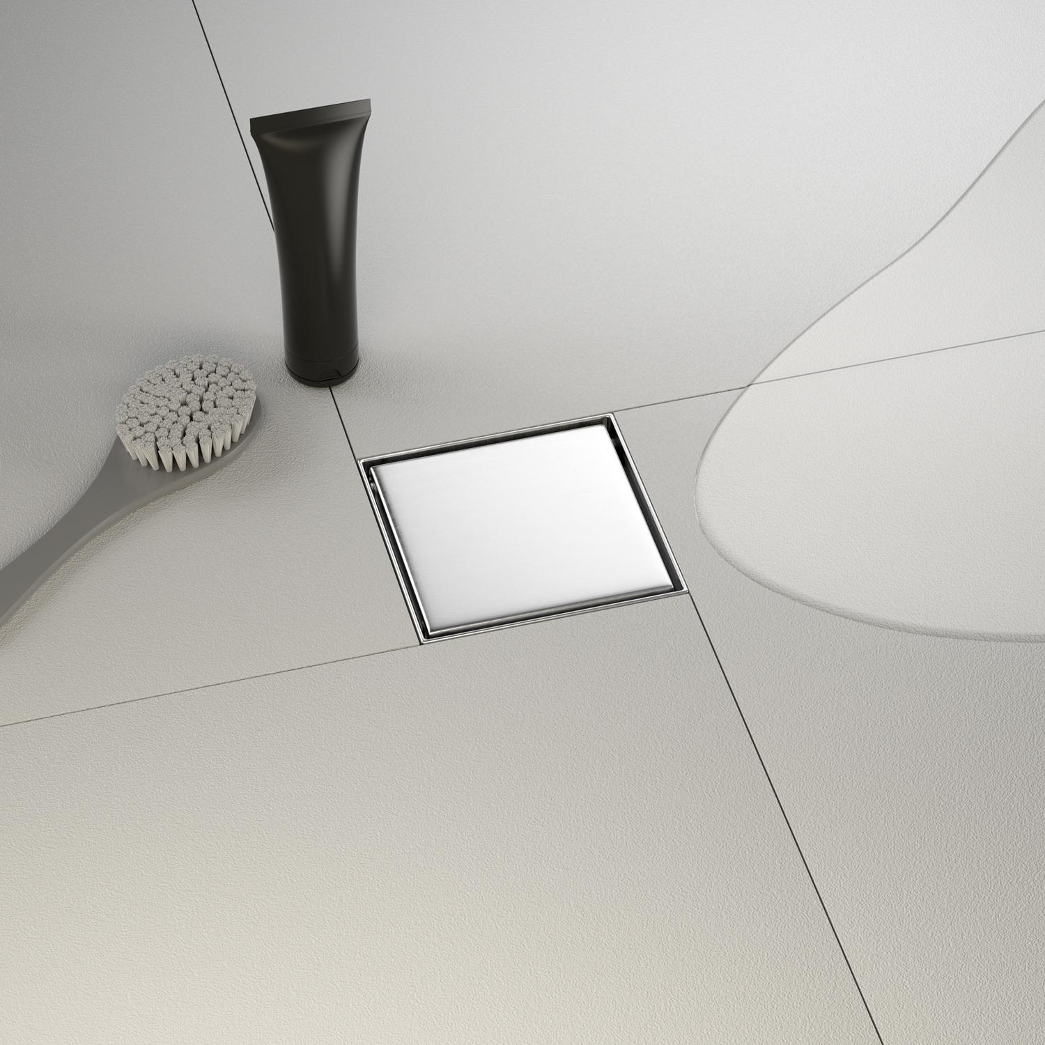 Dropshipping Available Brushed Stainless Steel 4x4 Square Floor Drain with Recessed Tile Insert Panel for Bathroom (Silver,Stainless Steel)
