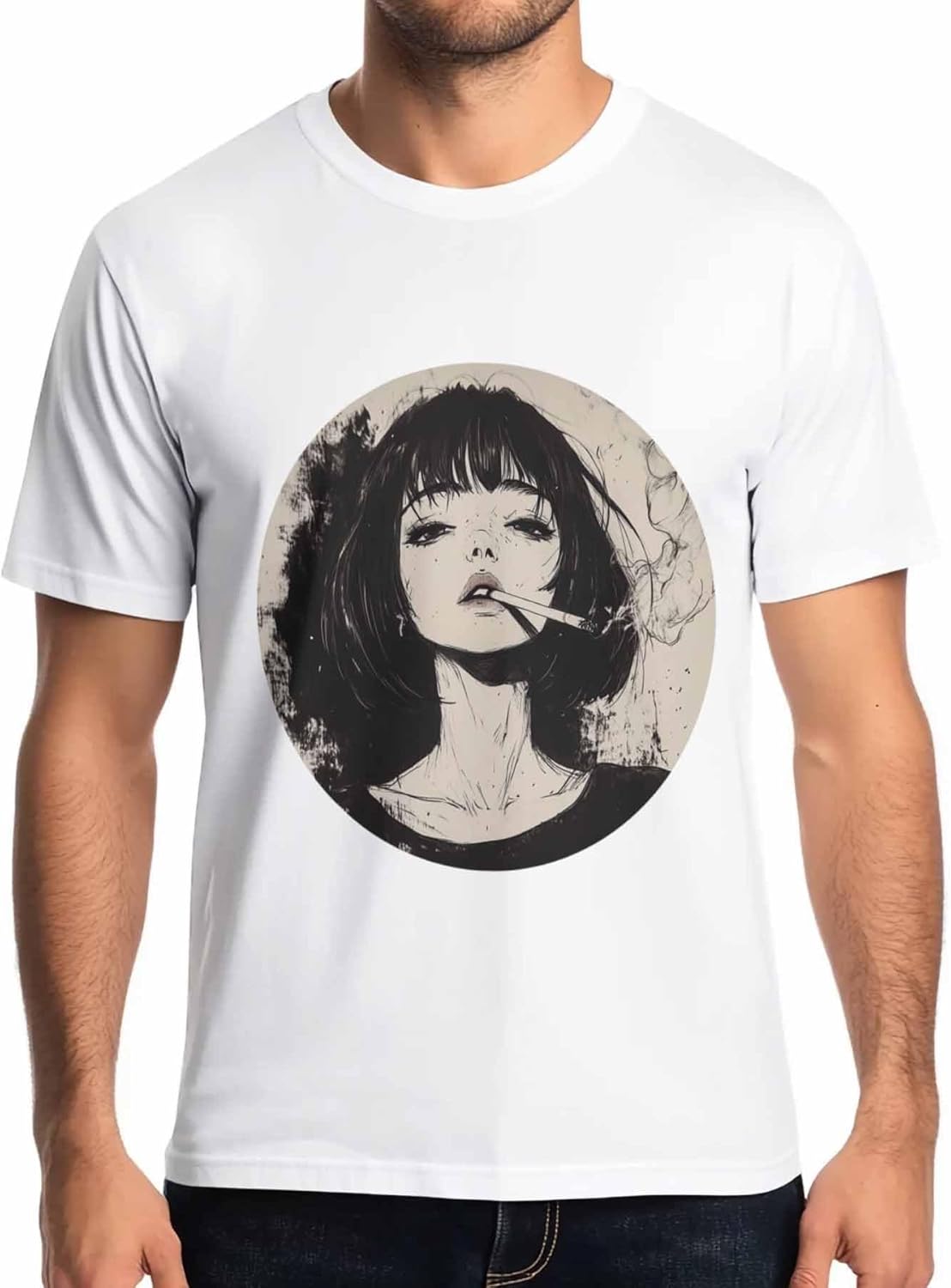 Girl Smoke Mens T-Shirts,Short Sleeve Quick Drying T Shirts for Men Crew Neck Tee Retro Female Sketch Men s T-Shirts S разноцветный