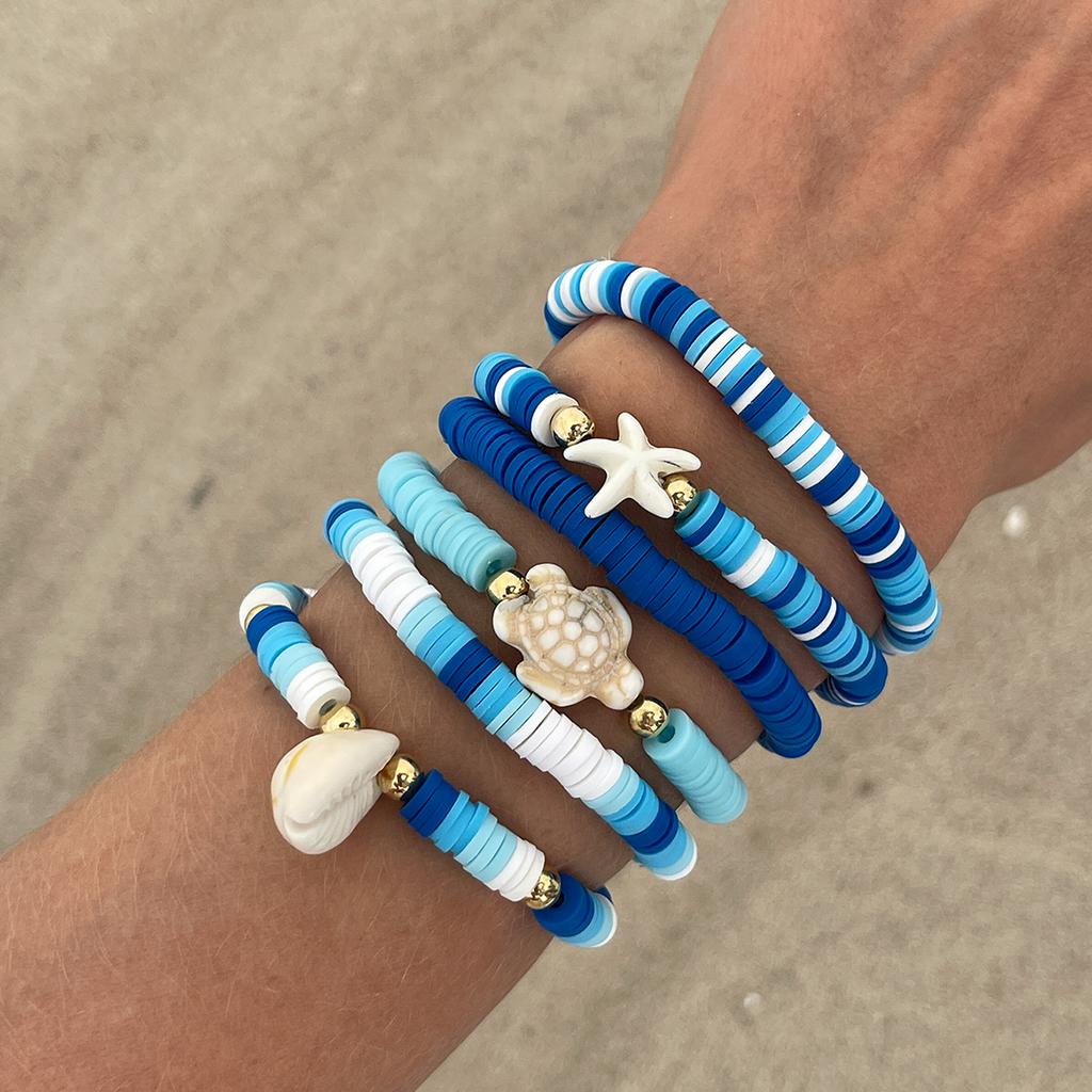 Ingemark Boho Polymer Clay Chain Bracelets Set for Women Starfish Conch Flower Imitation Pearl Elastic Bangles Aesthetic Jewery