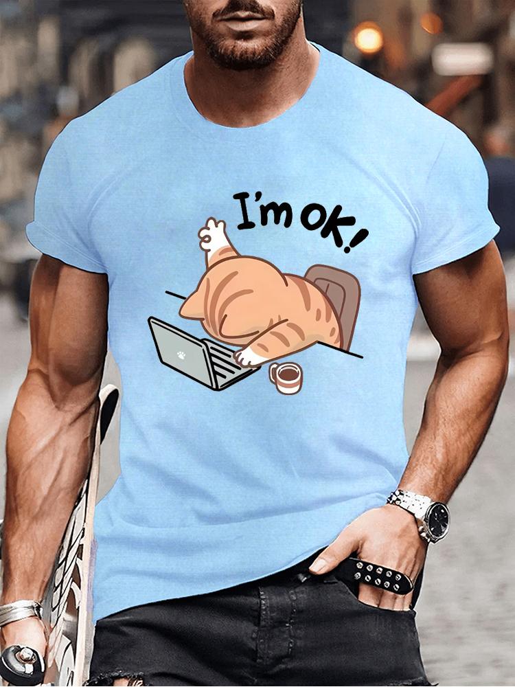 Cute "I'm OK" Cat Graphic T-Shirt for Men Women Casual Round Neck Short Sleeve Tee Fashion Stylish Lazy Cat Design T-shirts Tops
