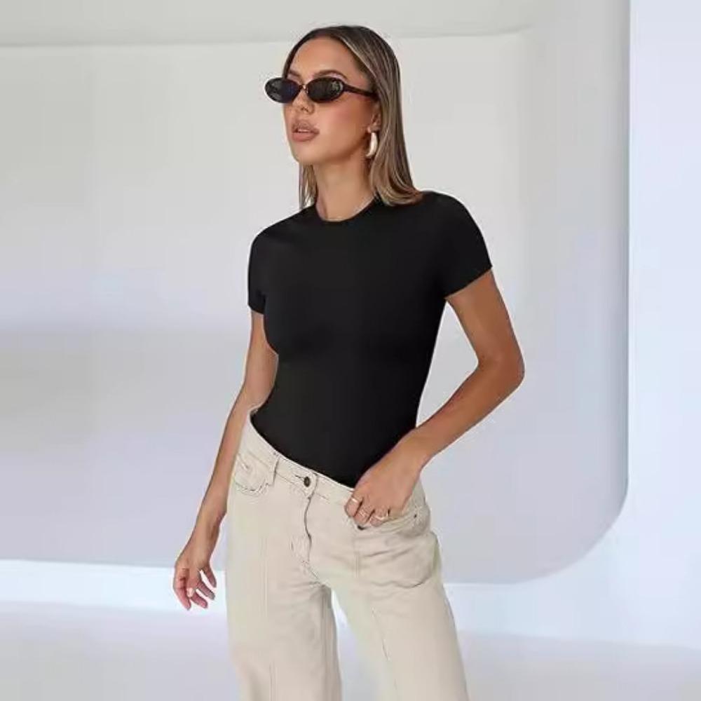 WTEMPO Women's Crew Neck Bodysuits Fashion Short Sleeve Tops Stretch Basic Body Suit