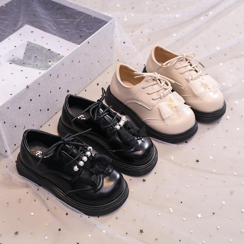 Girls' leather shoes 2025 early spring new children's princess shoes British style solid color bow pearl soft sole single shoes