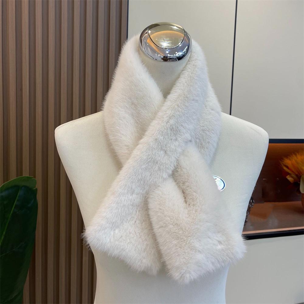 Women Winter Warm Thicken Cross Collar Scarf Solid Color Faux Rabbit Fur Cold Proof Scarves Fashion Soft Furry Neck Warmer