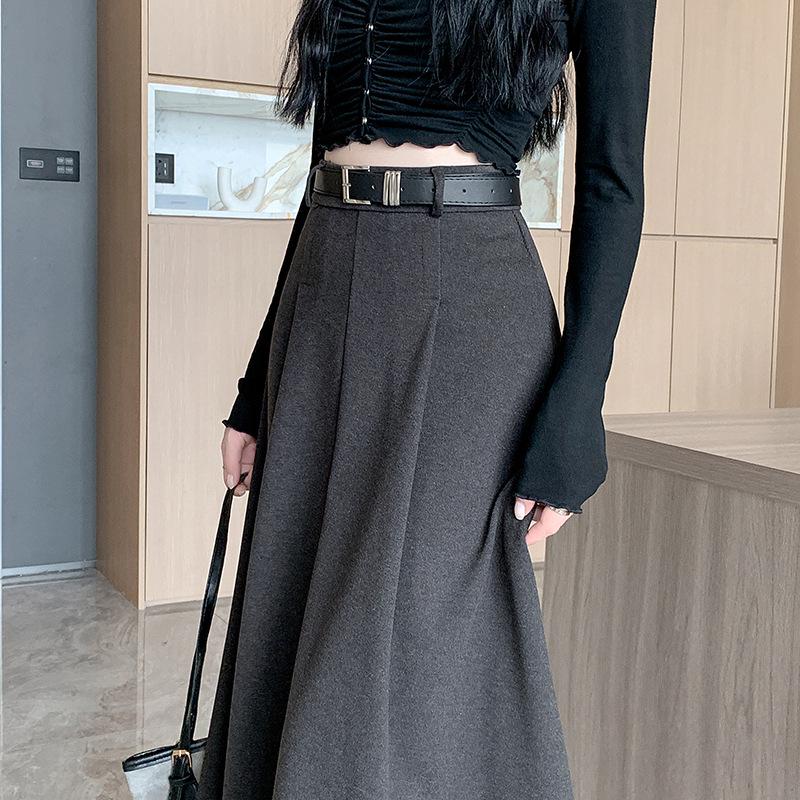 2025 Autumn/Winter Women's High-Waist Grey Wool Pleated Mid-Length A-Line Skirt