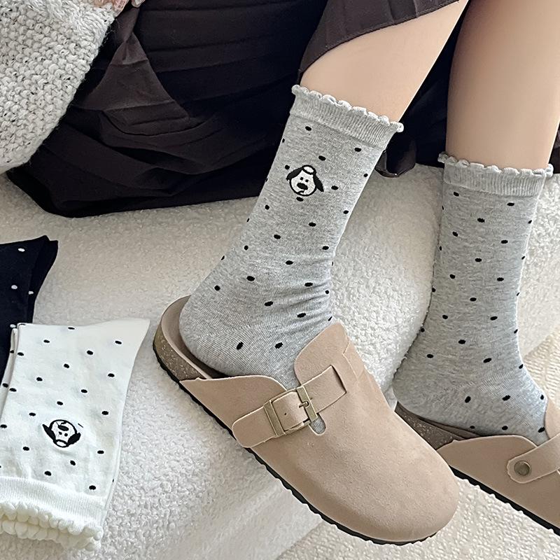 2024 Gray Women's Mid-Calf Cotton Socks - Polka Dot, Airplane, Dog Cartoon Design, Breathable & Sweat-Absorbent
