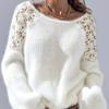 Women's Fuzzy Knit Pullover Sweater With Floral Crochet Shoulder Panels, Round Neck, Long Sleeves For Casual Daily Wear And Layering