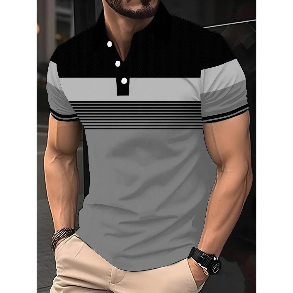 Men's Fashion Color Blocked Shirt, High Neck Golf Shirt, Short Sleeved Printed Button Up Clothing