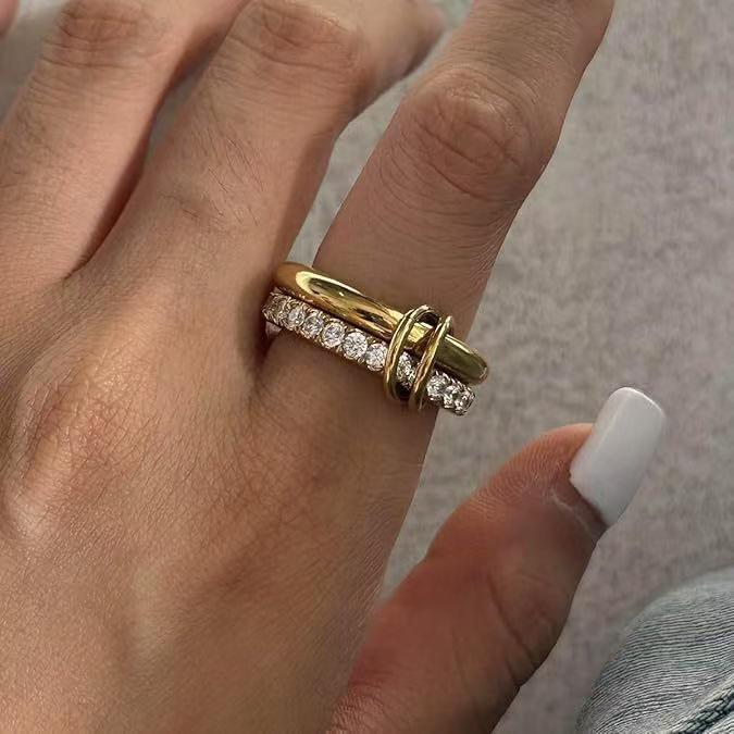 Two-Tone Stainless Steel Zircon Diamond Interlocking Ring