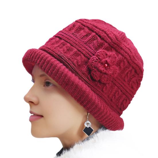 Women Thicken Knitted Hat Flower Crochet Bucket Hat for Elderly Women Winter Warm Fisherman Hat for Outdoor Activities