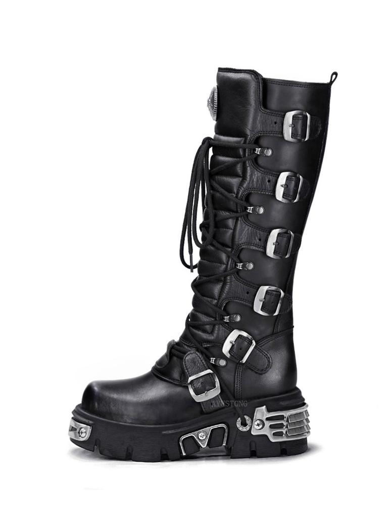 Fashion Rock Punk Motorcycle Boots Knee High Dark Style Round Toe Thick Bottom Genuine Leather Solid Color Fashion Sexy Women Shoes New