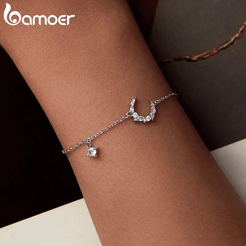 Bamoer 925 Sterling Silver Moon Bracelet, White Gold Plated Personalized Moonlight Dainty Link Chain Bracelet for Women