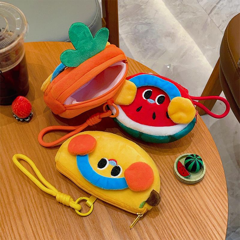 Cute Cartoon Fruit Strawberry Plush Coin Wallet Kawaii Data Cable Jewelry Key Bag Wallet Pendant Portable Accessory Storage Bag