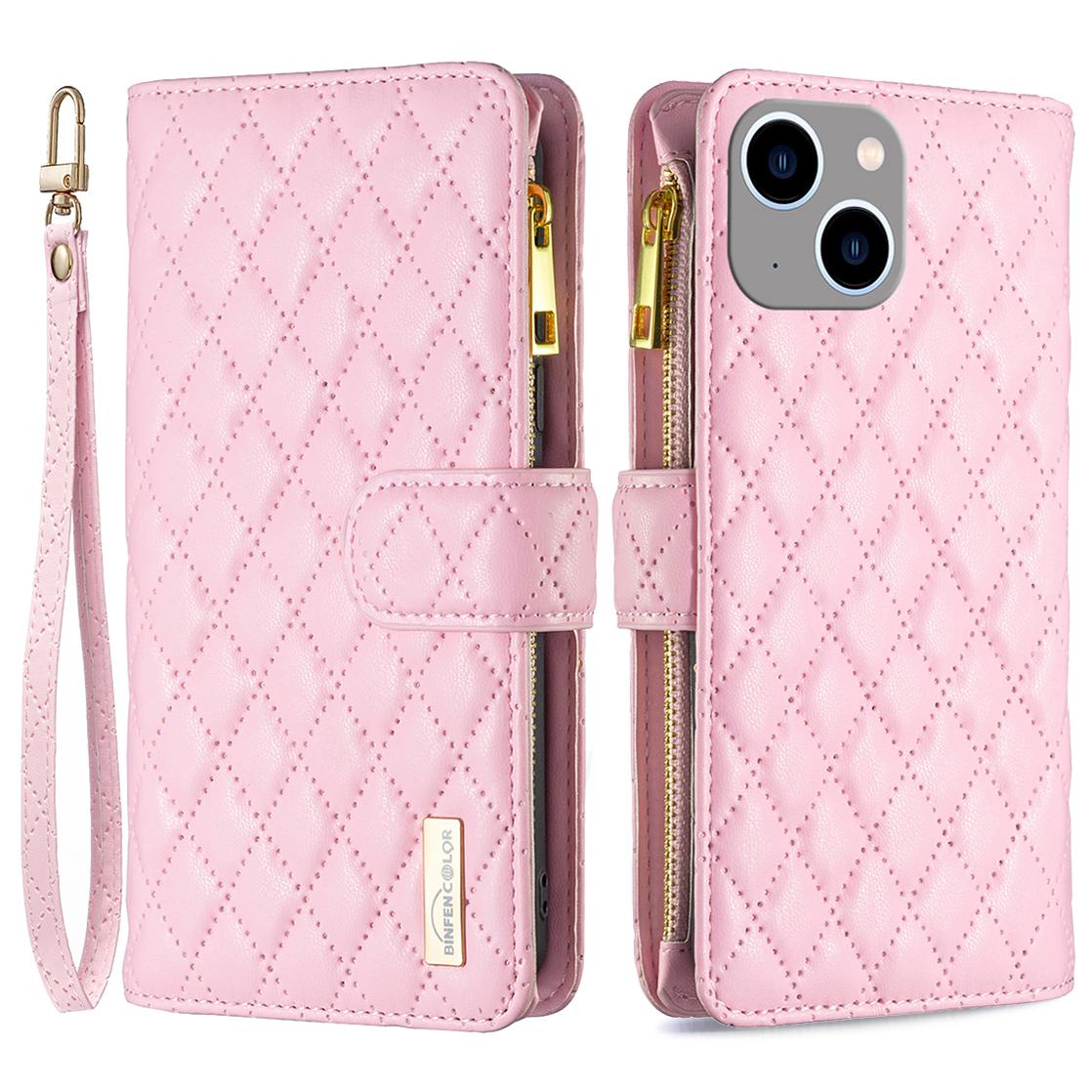 

BINFEN COLOR BF Style-15 For iPhone 15 Plus Flip Case Zipper Pocket Wallet Phone Stand Shell PU Leather Cover Pink